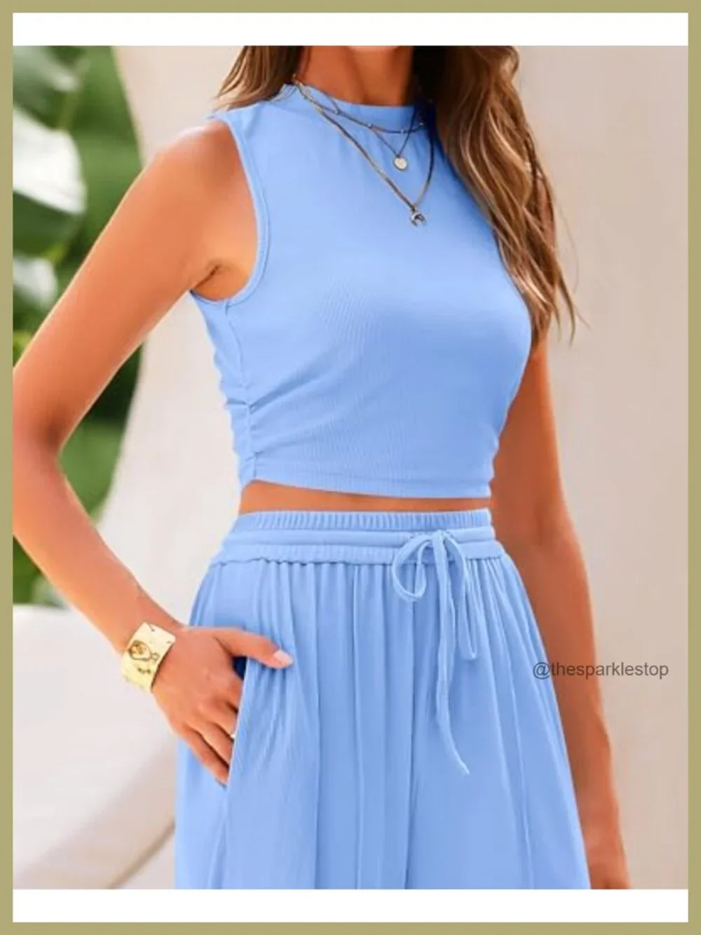 Ribbed Knit 2 Piece Outfit Wide Leg Pants Lounge Set Sleeveless Travel